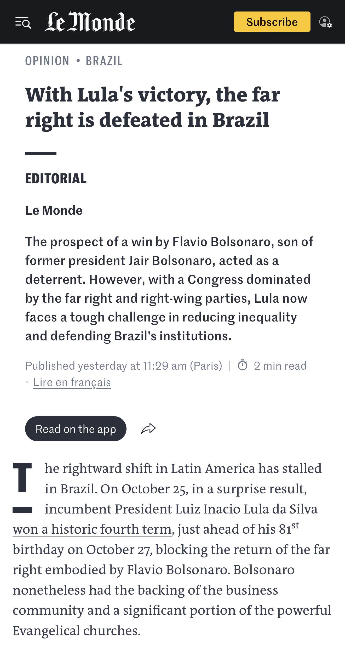 Burimi: Le Monde, “With Lula's victory, the far right is defeated in Brazil”.