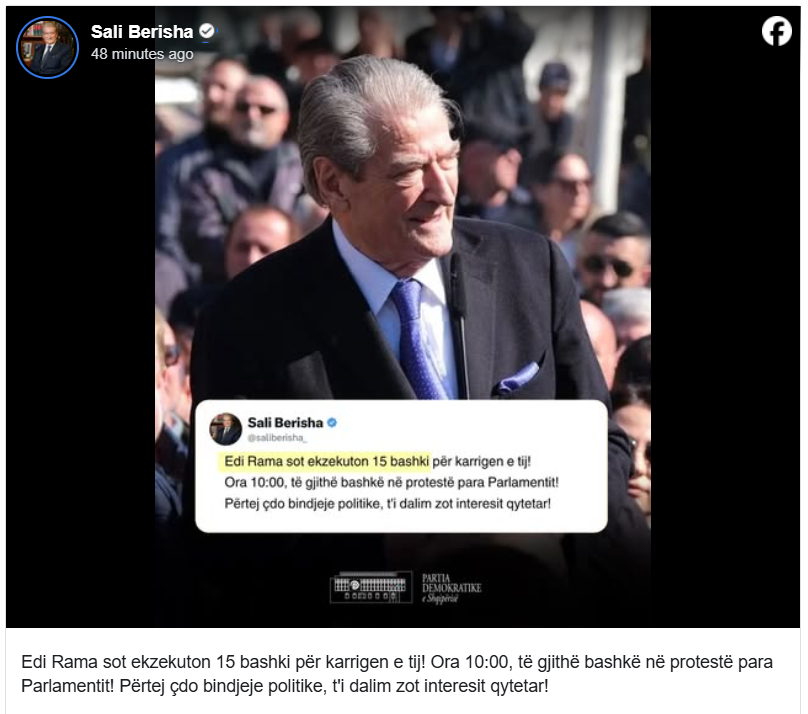 “Territorialja”/ “Të gjithë në protestë para Kuvendit”, Sali Berisha: Edi Rama sot ekzekuton 15 bashki për karrigen e tij!