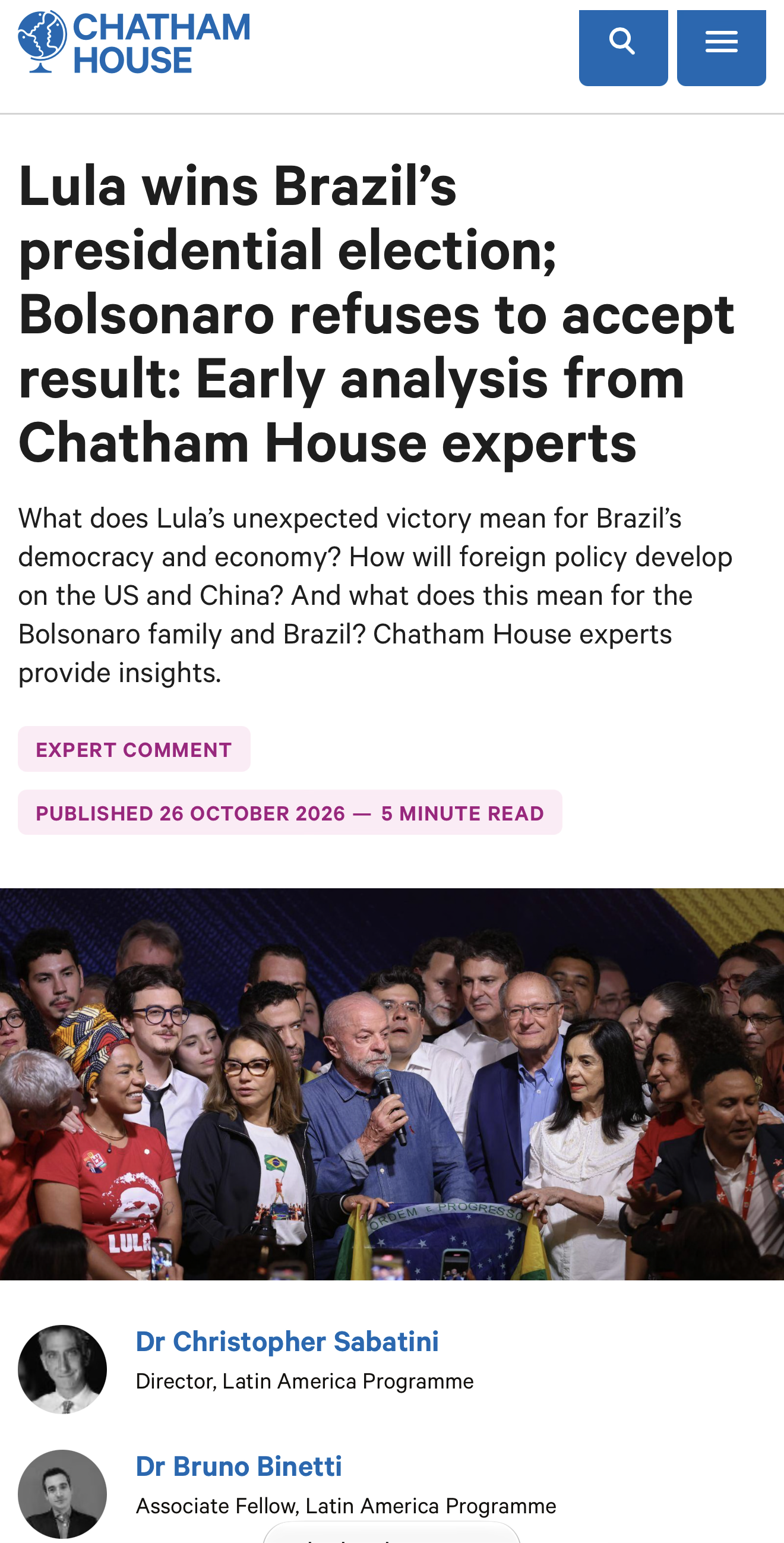 Burimi: Chatham House, “Lula wins Brazil’s presidential election; Bolsonaro refuses to accept result: Early analysis from Chatham House experts”.
